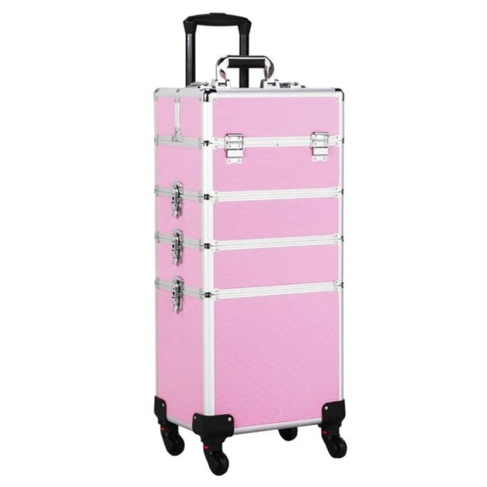 New 4-in-1 Pink Rolling Makeup Train Case, Pro Trolley Organizer with Wheels